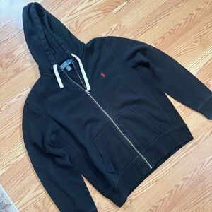 Ralph Lauren Black Hooded Zip Sweatshirt with Light Gray Drawcords